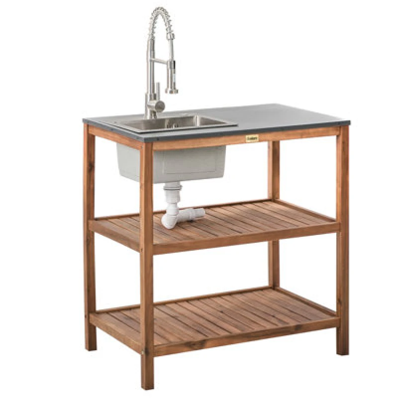 Image of Beliani Outdoor Kitchen Island With Sink Brucoli Acacia Wood Brown/ Silver