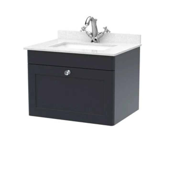 Image of Nuie Classique Wall Hung 1 Drawer Unit & 1 Tap Hole White Marble Top With Square Basin, Sink Vanity Unit In Soft Black With White