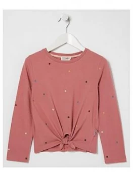 Image of Fatface Girls Long Sleeve Star Embroidered Knot T-Shirt - Pink