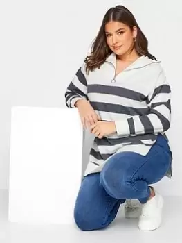 Image of Yours Striped Quarter Zip Jumper - White & Blue Size 26-28, Women