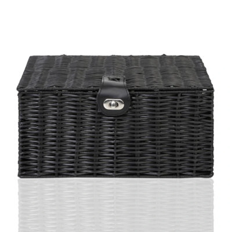 Image of Arpan Small Resin Woven Storage Basket Box With Lid & Lock - Black