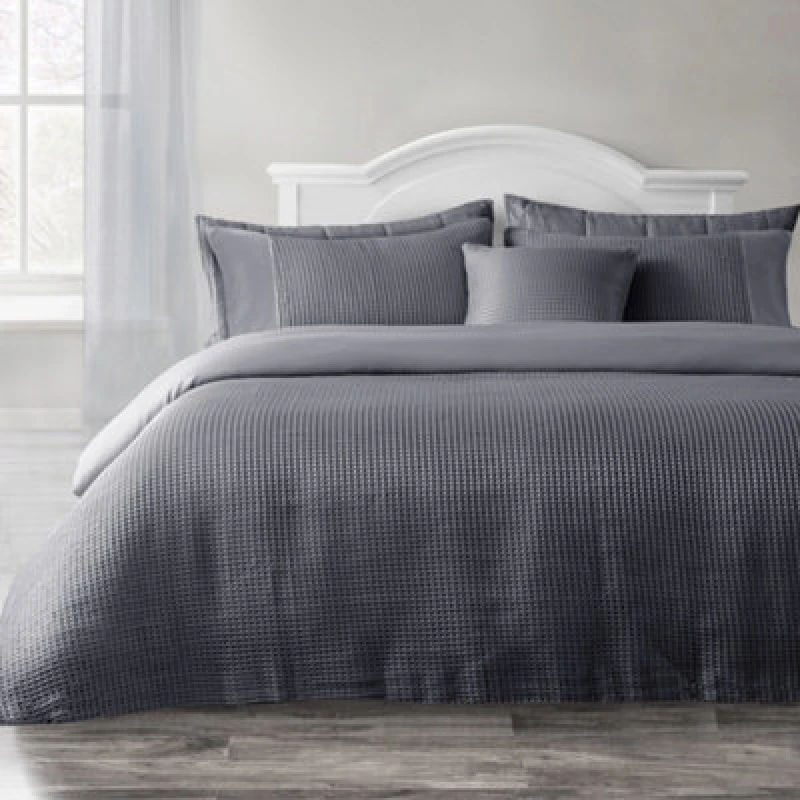 Image of Velosso Waffle Weave Duvet Cover Set - Textured Pillowcase, Button Enclosure in Charcoal Size: Double Charcoal Unisex Double