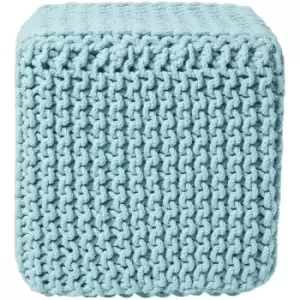 Image of Duck Egg Blue Cube Cotton Knitted Pouffe Footstool - Duck Egg Blue - Homescapes