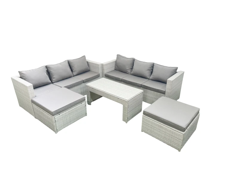 Image of Fimous 8 Seater Garden Outdoor Rattan Furniture Set Rattan Garden Sofa Oblong Coffee Table with 2 Big Footstools Light Grey Mixed Light Grey