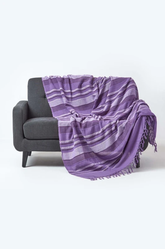 Image of Homescapes Cotton Morocco Striped Mauve Throw, 255 X 360 Cm