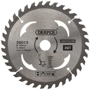 Image of 26013 TCT Cordless Construction Circular Saw Blade for Wood & Composites 165 x 20mm 36T - Draper