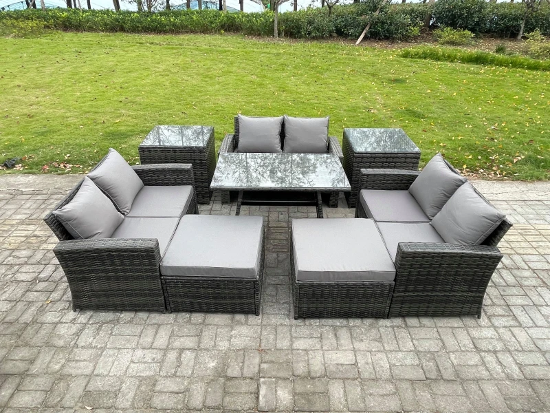 Image of Fimous Outdoor Lounge Sofa Set Wicker PE Rattan Garden Furniture Set with Rectangular Dining Table 2 Seat Sofa Big Footstool in Dark Grey Dark Grey Un