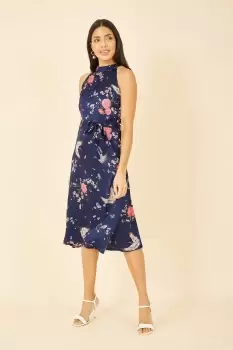 Image of Navy Satin Crane Print Halter Neck Dress