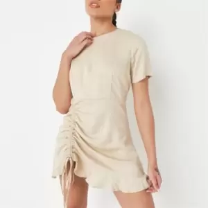 Image of Missguided Ruched Side Frill Linen Look Mini Dress - Beige