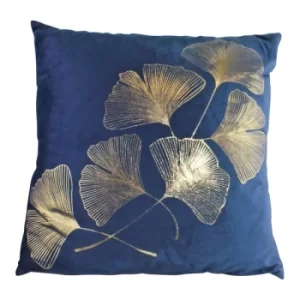 Image of Scatter Cushion With Gold Lotus Leaf Design In Blue