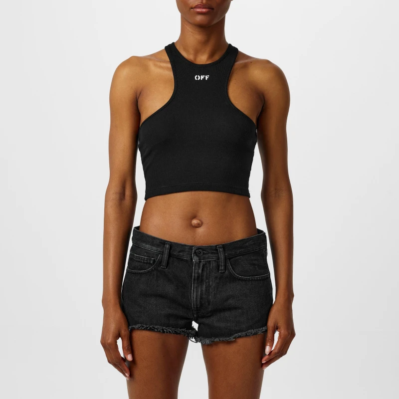 Image of Off White Womens Stamp Cotton Sleeveless Round Neck Crop Top Black 1001 female 44 (L)