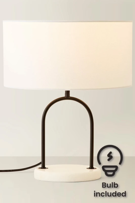 Image of ValueLights ValueLights Rachel Black Arch Marble Base Table Lamp with White Linen Lamp Shade and Bulb White One Size Unisex 5059406066153