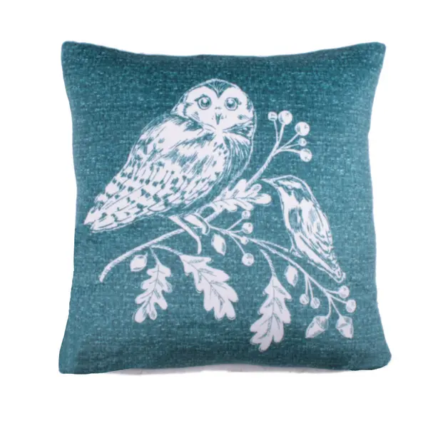 Image of Lodge Woodland Owls Cushion Teal (Green)