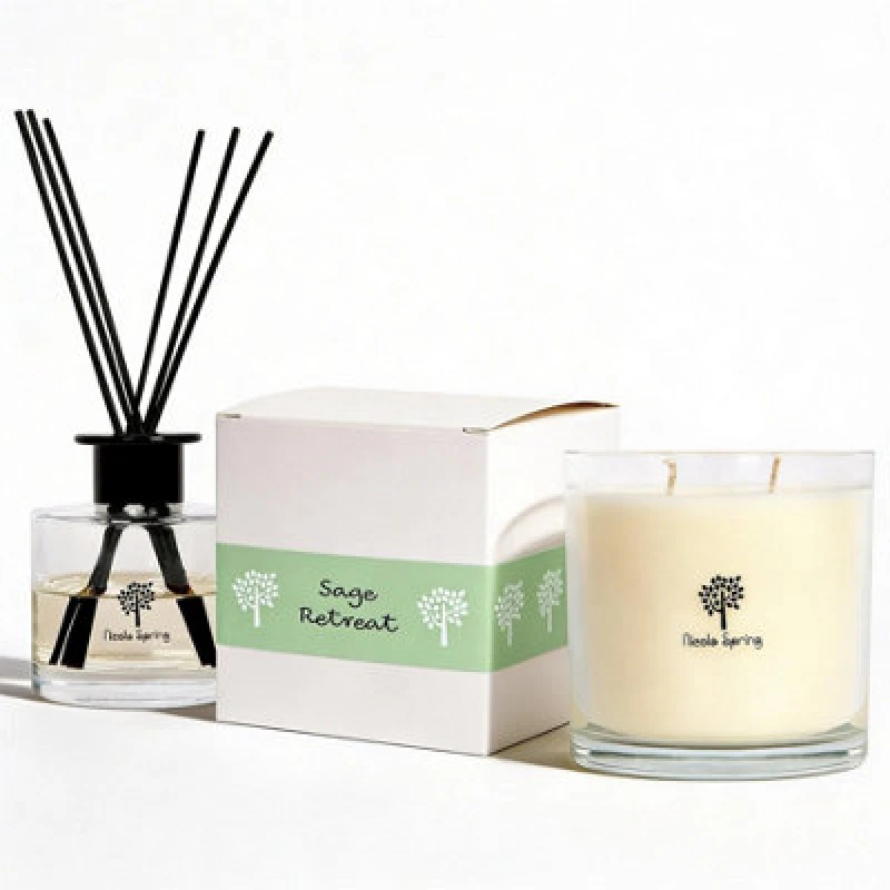 Image of Nicola Spring Candle & Diffuser Set - 400G Sage Retreat Soy Wax Jar & 200ml Reed Diffuser - Herbal Spa Fragrance Double Wick