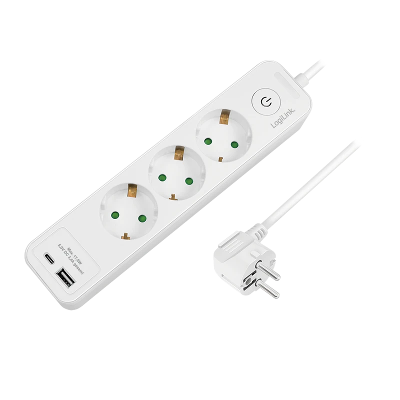 Image of LogiLink Outlet Strip. 3 safety sockets. w/ 1x USB-A. 1x USB-C Port. w