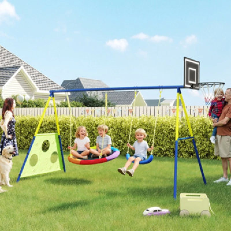 Image of Aiyaplay 4-In-1 Kids Swing Set With Swing, Basketball Hoop, Football Goal