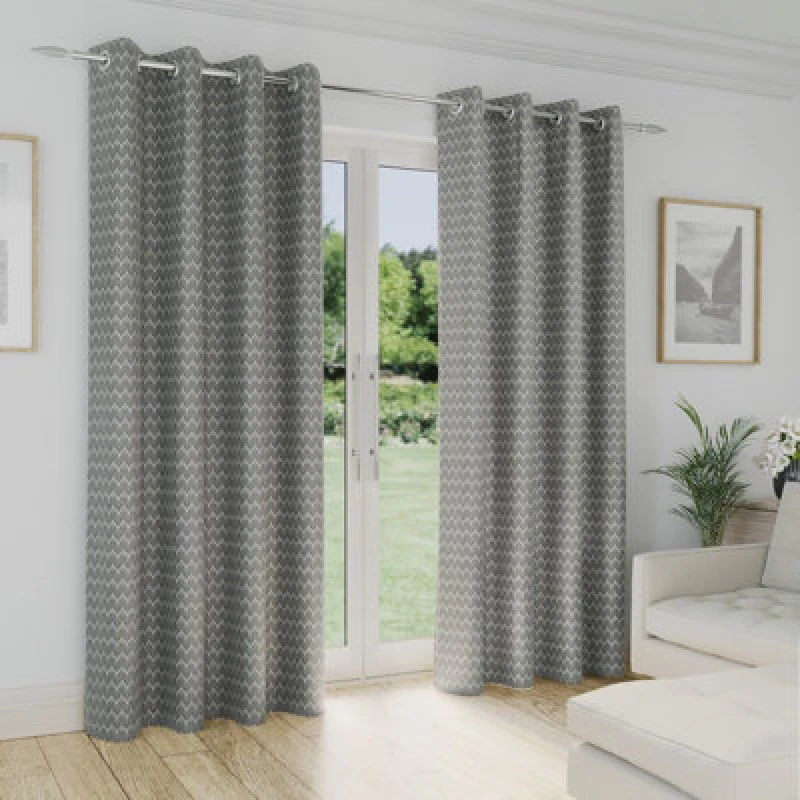 Image of Enhanced Living 'Aspen' Grey Geometric Leaf Pattern Room Darkening - Pair of Thermal Curtains with Eyelet Header Grey