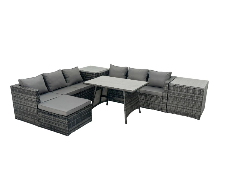Image of Fimous Rattan Dining Table Sofa Set with 2 Side Tables Big Footstool Outdoor in Dark Grey Dark Grey Unisex