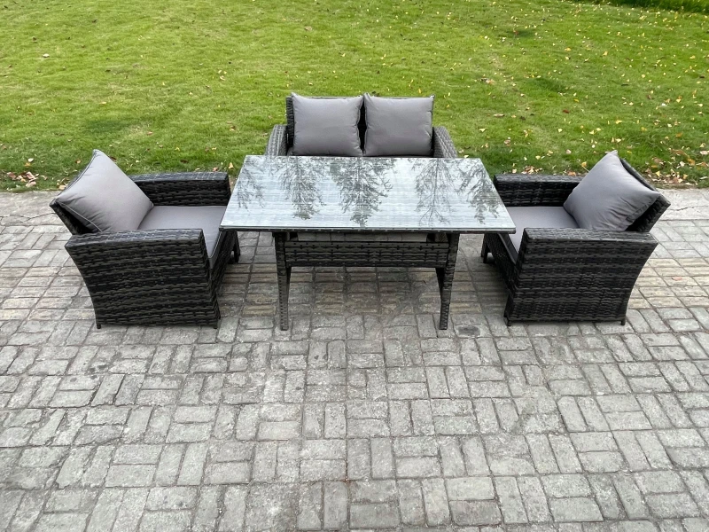 Image of Fimous Wicker Outdoor Garden Furniture Set Patio Furniture Rattan Rectangular Dining Table Lounge Sofa in Dark Grey Dark Grey Unisex