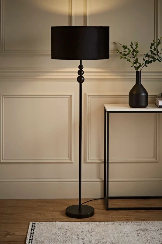 Image of ValueLights Marissa Velvet Drum Shade with Black Stacked Ball Floor Lamp Black