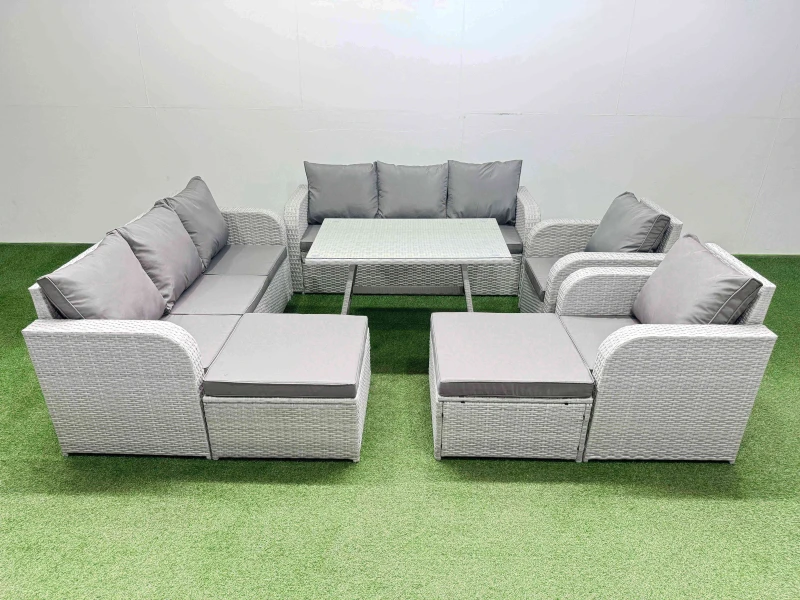 Image of Fimous Rattan High Back Lounge Sofa Set with Reclining Chairs 2 Big Stool in Light Grey Light Grey Unisex