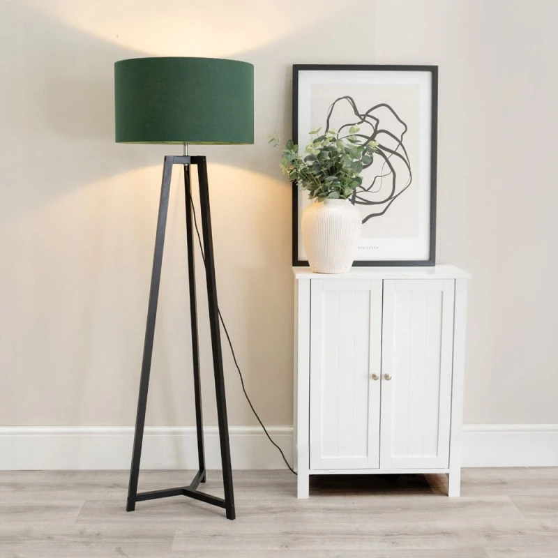 Image of ValueLights Lottie Black Wood Tripod Floor Lamp with Fabric Drum Shade Green