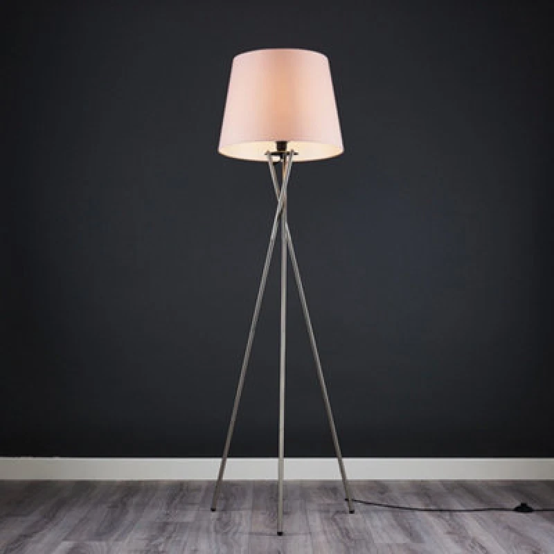 Image of ValueLights ValueLights Camden Brushed Chrome Tripod Floor Lamp with Tapered Shade and Bulb in Pale Pink Pale Pink One Size Unisex 5055759993016
