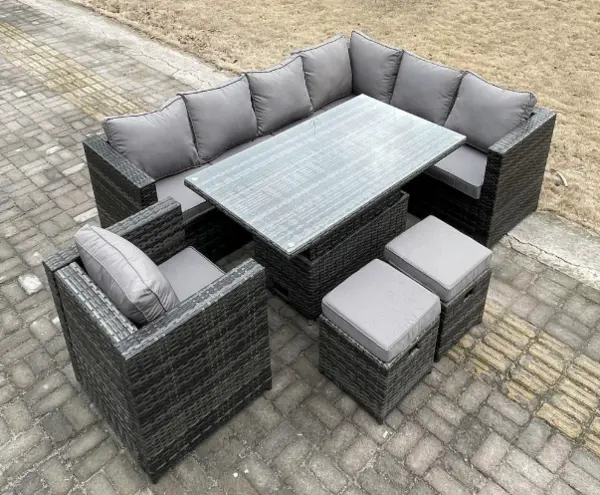 Image of Fimous 7 Seater Outdoor Dark Grey Rattan Lounge Complete Sofa Set with Adjustable Dining Table and 2 Stools
