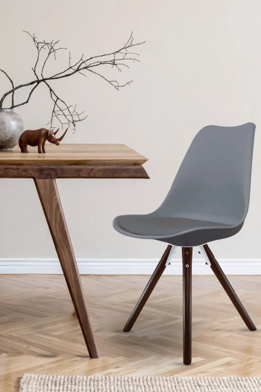 Image of Fusion Living Soho Plastic Dining Chair With Pyramid Dark Wood Legs Dark Grey FL1870