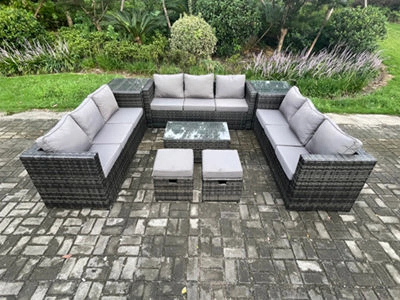 Image of Fimous 11Seater Outdoor Lounge Sofa Set Wicker PE Rattan Garden Furniture Set with Oblong Coffee Table 2 Small Footstools Dark Grey Mixed Dark Grey