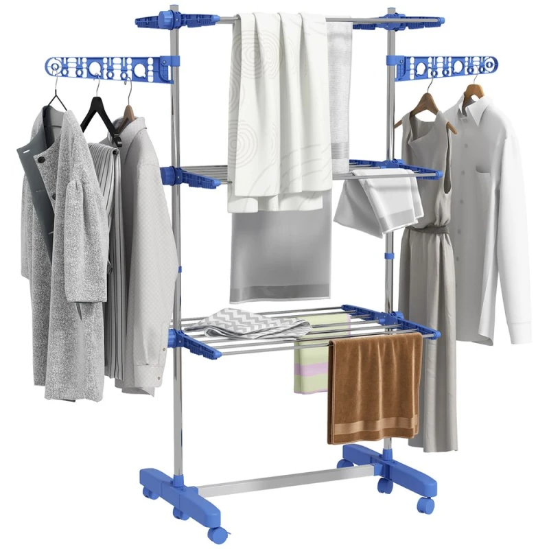 Image of HOMCOM Large Clothes Airer Stainless Steel Clothes Drying Rack Blue 142L x 55W x 152Hcm - Homcom 5056725544737