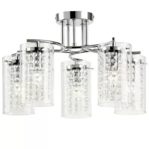 Image of Semi Flush Ceiling Light Chrome Glass Drops 5 Bulb Hanging Pendant Lamp Shade