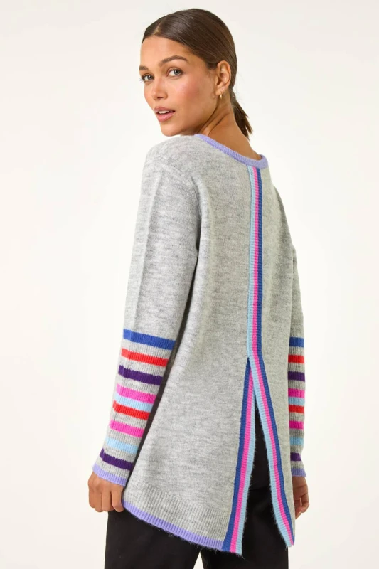 Image of Roman Womens Contrast Stripe Detail Knit Jumper in Light Grey Size: 12 Light Grey Female 12