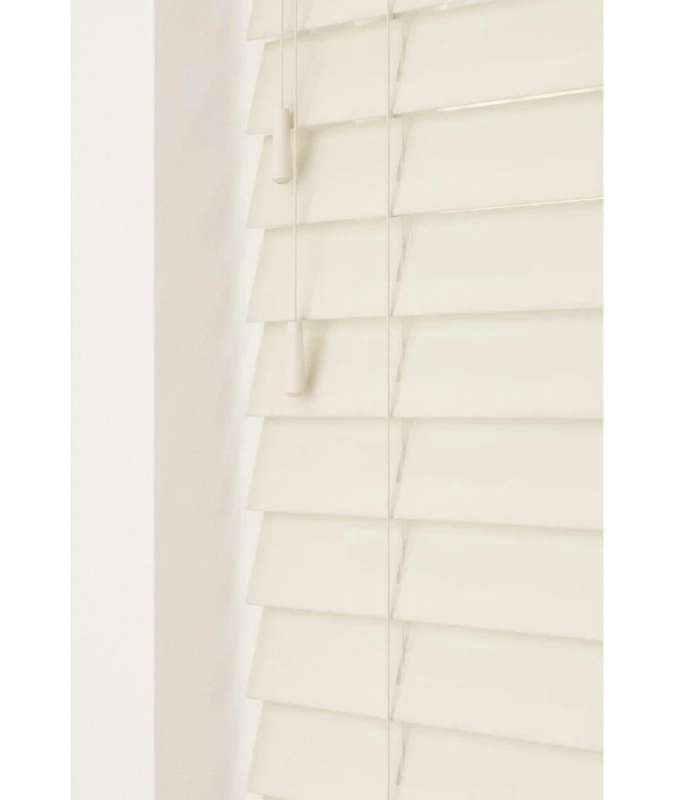 Image of New Edge Blinds Misty White 50mm Fine Grain Slatted Faux Wood Venetian Blinds with Strings 120cm Drop in Off-White Size: 170cm width x 130cm drop