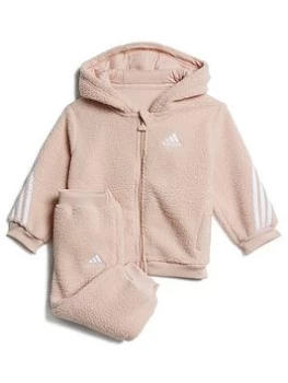 Image of Boys, Adidas Infant Unisex 3 Stripe Sherpa Full Zip Hoody & Jog Pant Set, Silver/Pink, Size 3-4 Years