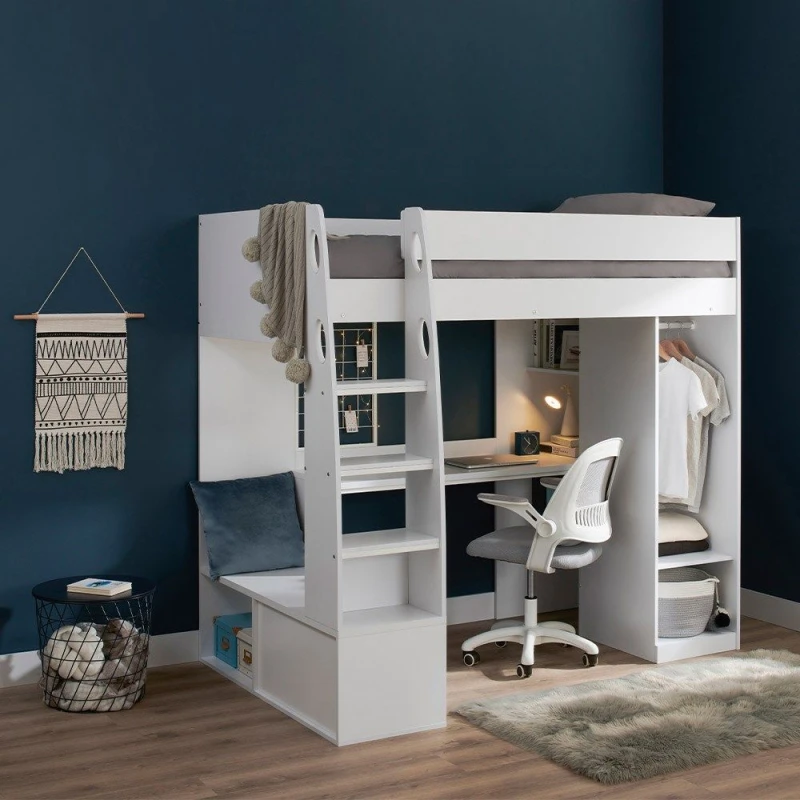 Image of Flair Harry High Sleeper Bed with Desk, Wardrobe & Storage in White Size: Single White Unisex Single