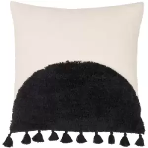 Image of Radian Tufted 100% Cotton Tasselled Cushion Cover, Natural/Black, 45 x 45cm - Furn