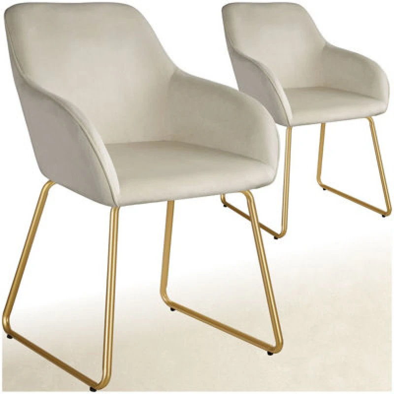 Image of Tectake Set Of 2 Dining Chair Jeane - Velvet Look, Cantilever Frame - Velvet Look Cream/gold