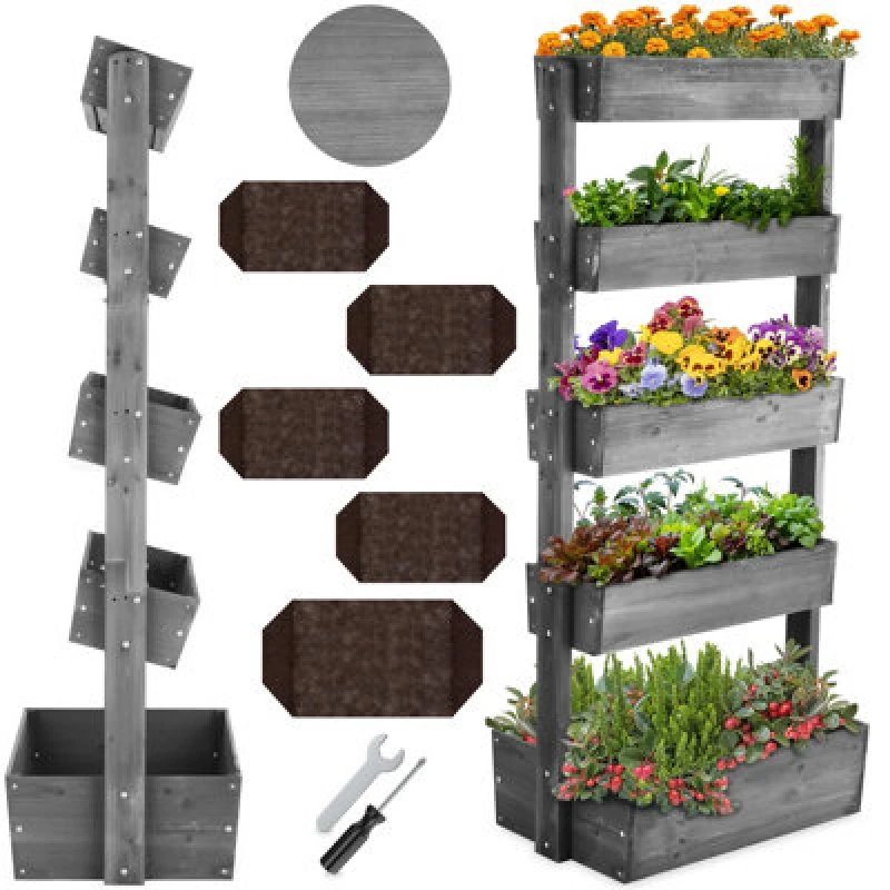 Image of Tectake Vertical Planter Flora In A Rustic Wooden Design With 3 To 5 Tiers And Plant Fleece Included 81 X 52 X 180 Cm - Grey