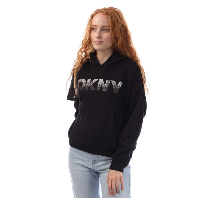 Image of DKNY Sequin Logo Hoody Black Grey female XS
