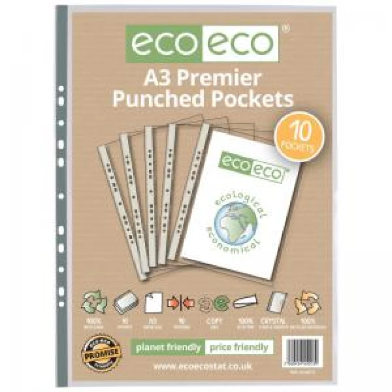 Image of Eco Eco 100% Recycled Punched Pocket A3 Clear (10 Pack) eco013-SS