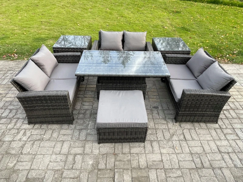 Image of Fimous 7 pieces Outdoor Lounge Sofa Set Wicker PE Rattan Garden Furniture Set with Rising Lifting Table Double Seat Sofa in Dark Grey Dark Grey Unisex