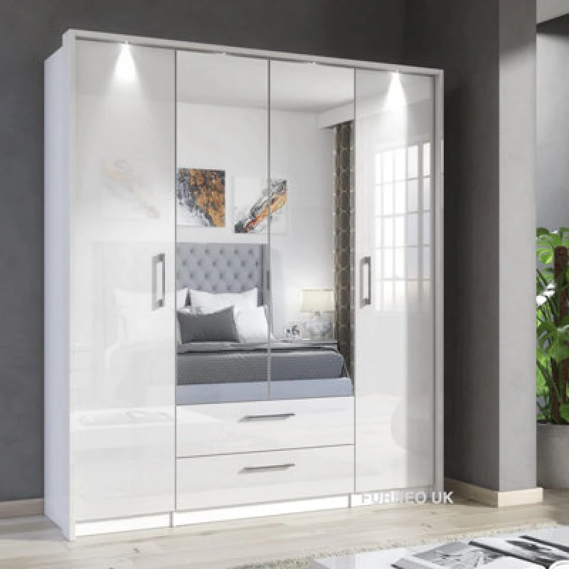 Image of Furneo White Mirrored Wardrobe High Gloss Matt Modern 4-Door 2-Drawer Bedroom Storage With LED Lights Infinity