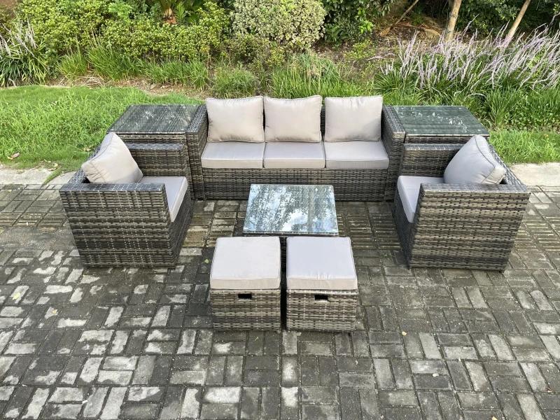 Image of Fimous Wicker 8 Pieces Rattan Garden Furniture Sofa Set with Armchair 2 Side Tables Square Coffee Table Dark Grey Mixed Dark Grey