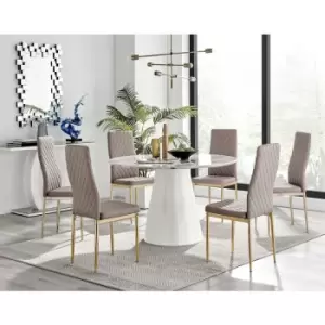 Image of Furniturebox Palma White Marble Effect 120cm Round Minimalist Dining Table & 6 Cappuccino Milan Gold Leg Faux Leather Chairs