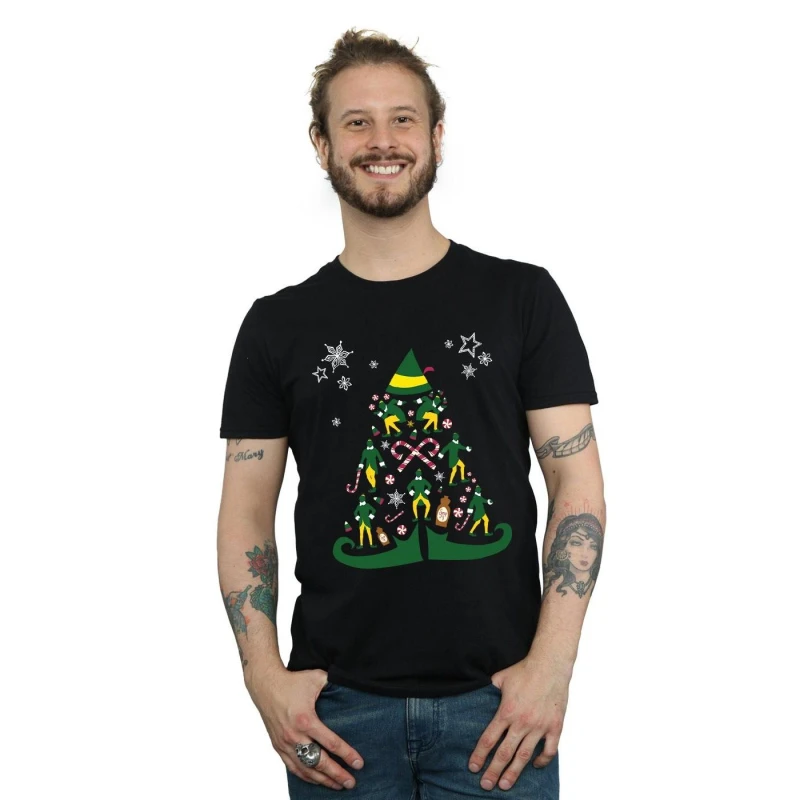 Image of Elf Elf Men Christmas Tree T-Shirt in Black Size: Small Black S Male 5057736094419