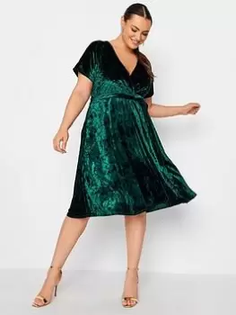 Image of Yours Velvet Wrap Skater Dress, Green, Size 30-32, Women