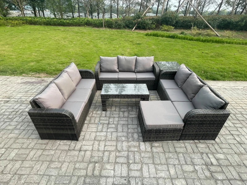 Image of Fimous Outdoor Lounge Sofa Set 10 Seater Rattan Garden Furniture Set with Rectangular Coffee Table Side Table Big Footstool 3 Seater Sofa Dark Grey