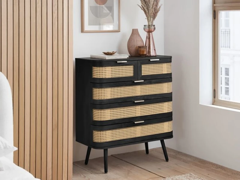 Image of Birlea Noah Rattan and Black 5 Drawer Chest of Drawers