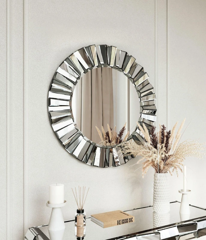 Image of CARME HOME Knightsbridge - Luxury Large Round Wall Mirror (Grey Silver) in Grey Grey Unisex